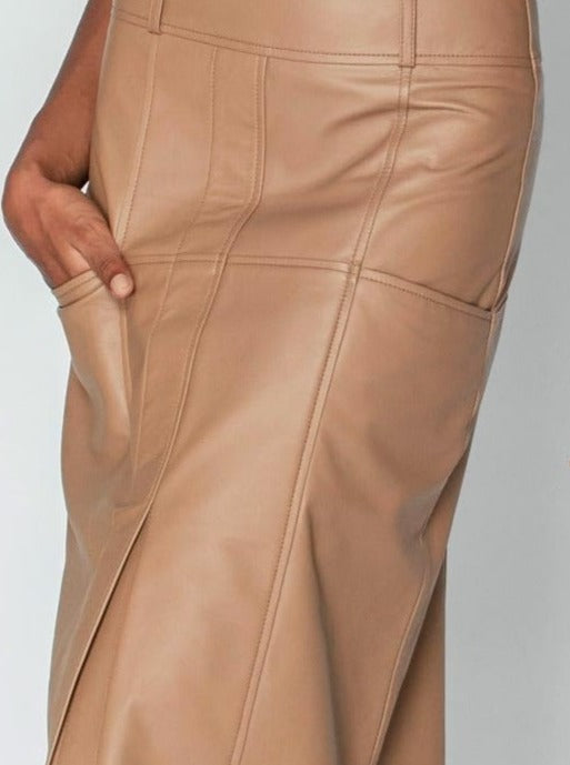 2NDSKIN The Label Bronte Mocha Leather Maxi Skirt with split and pockets