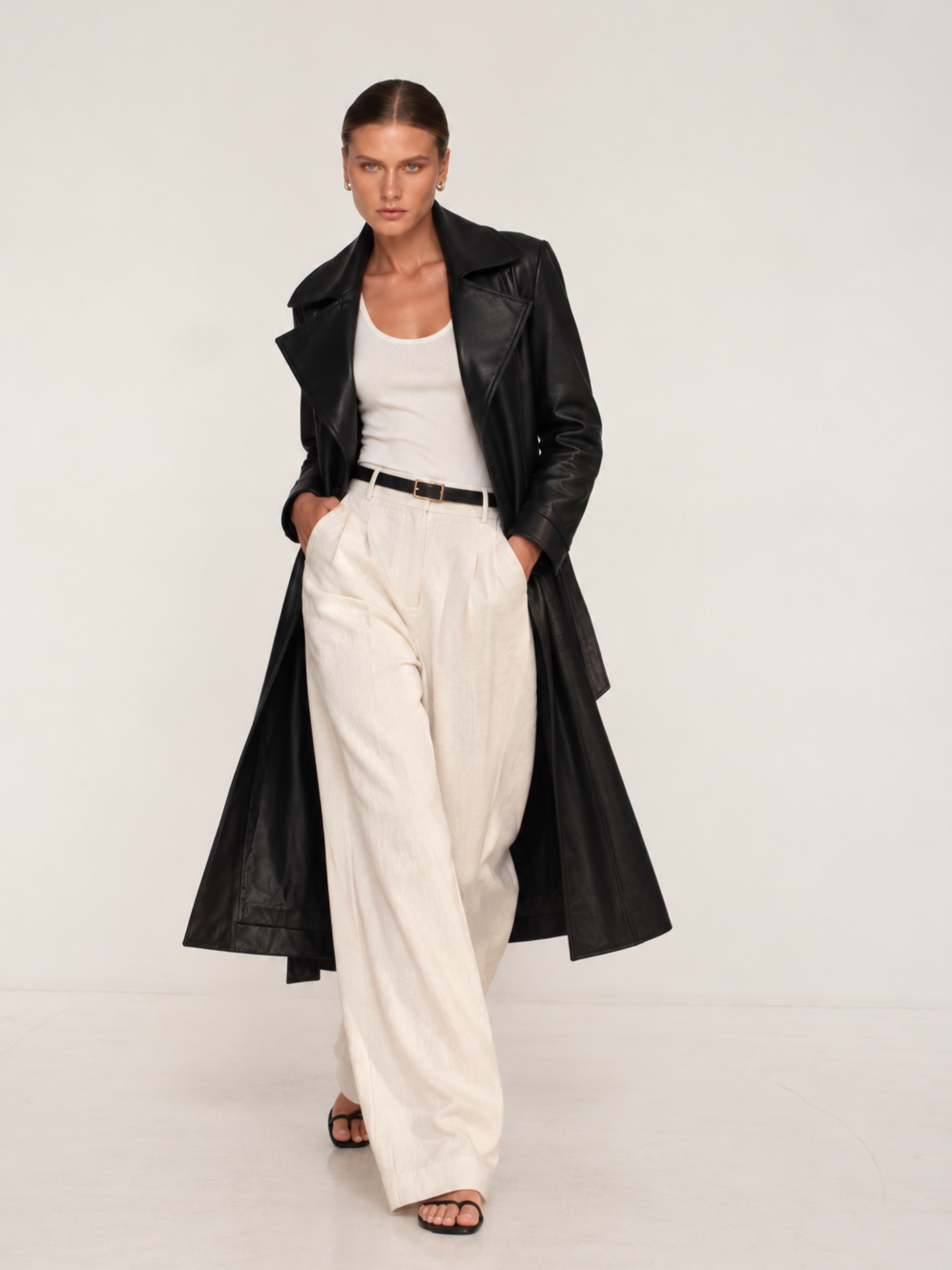 PORTIA LEATHER TRENCH COAT - BLACK
