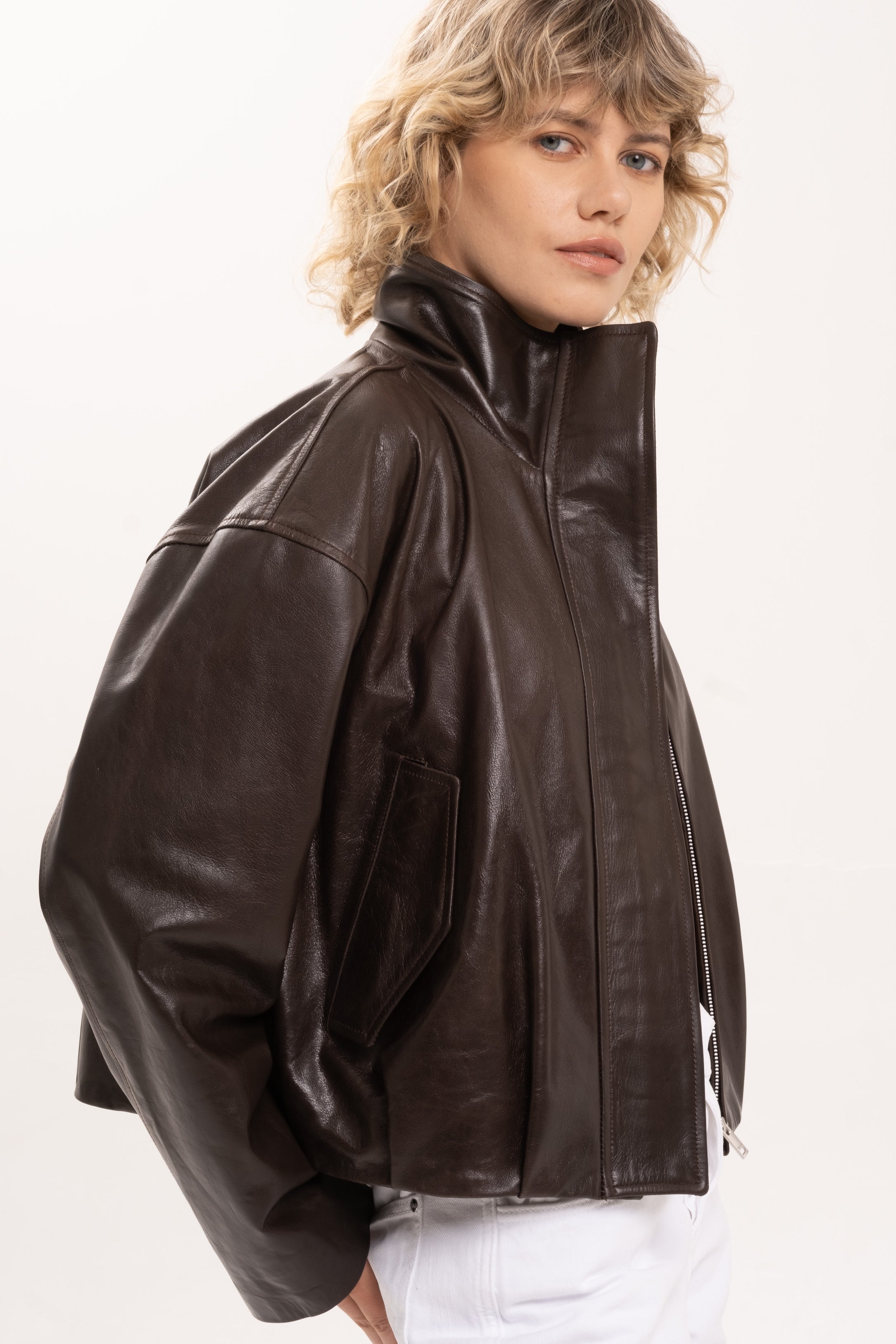 2NDSKIN Arabella funnel neck leather jacket in Bitter Chocolate