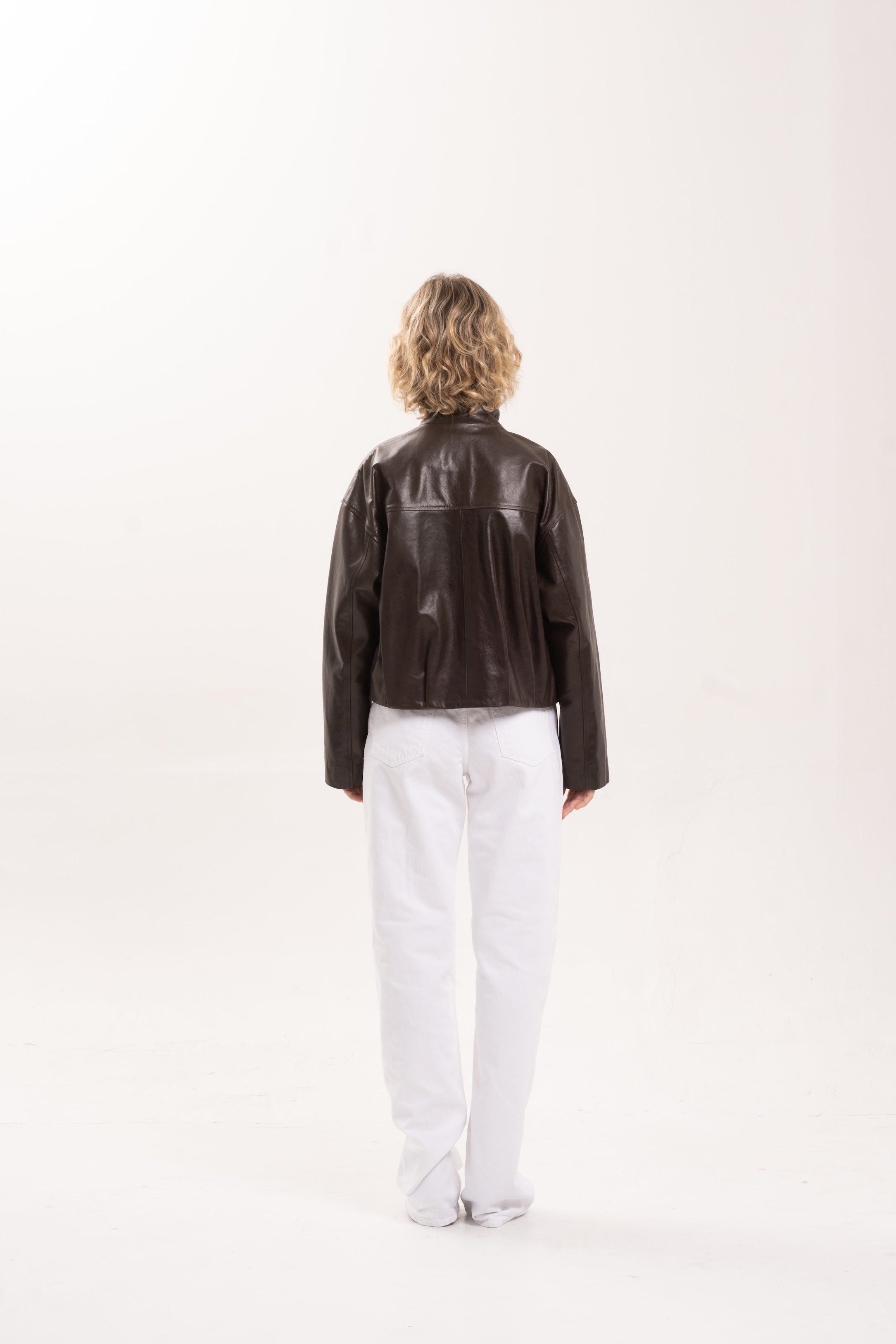 Back view of the 2NDSKIN Arabella funnel neck leather jacket in Bitter Chocolate