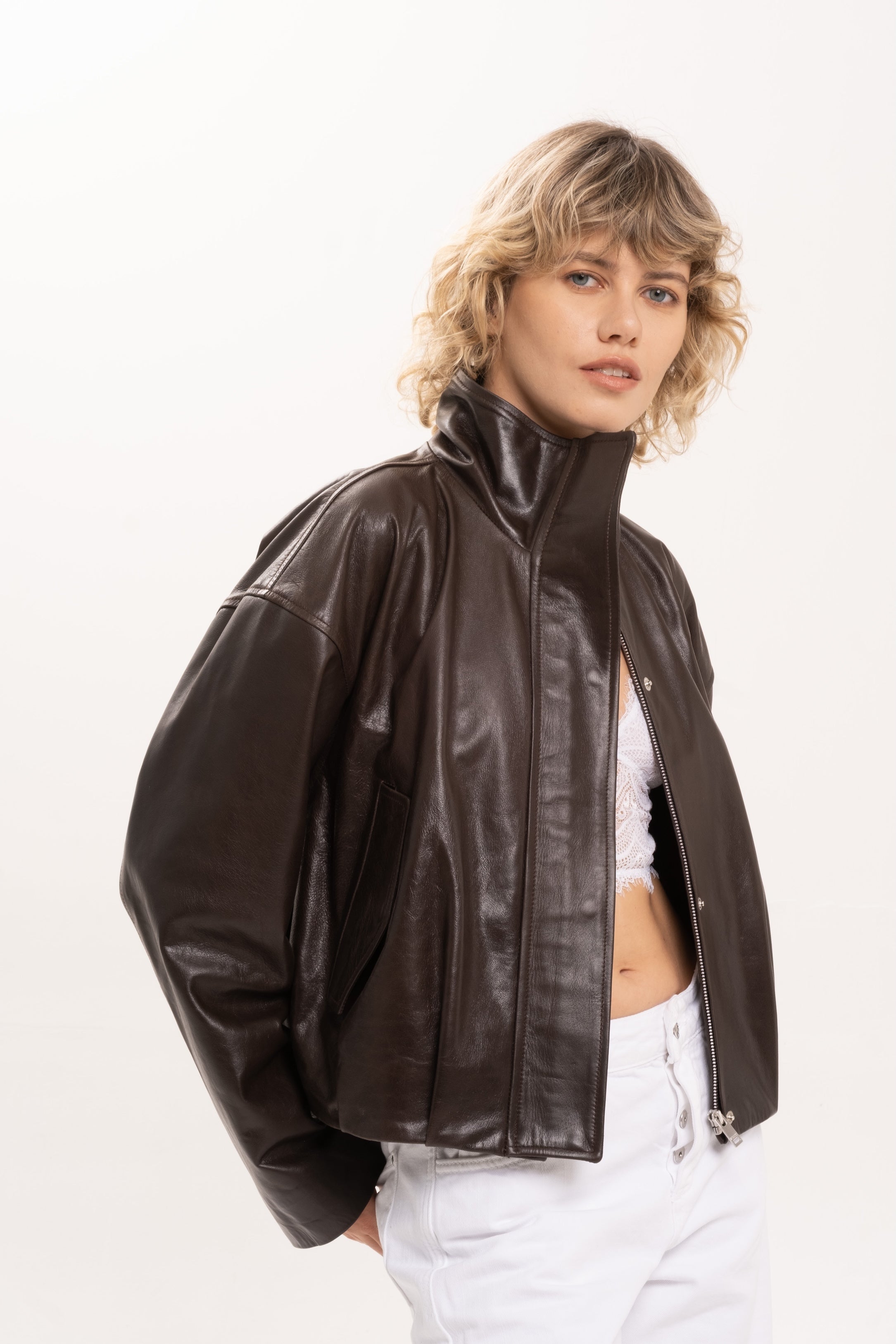 Side view of the 2NDSKIN Arabella Bitter Chocolate sheepskin leather jacket