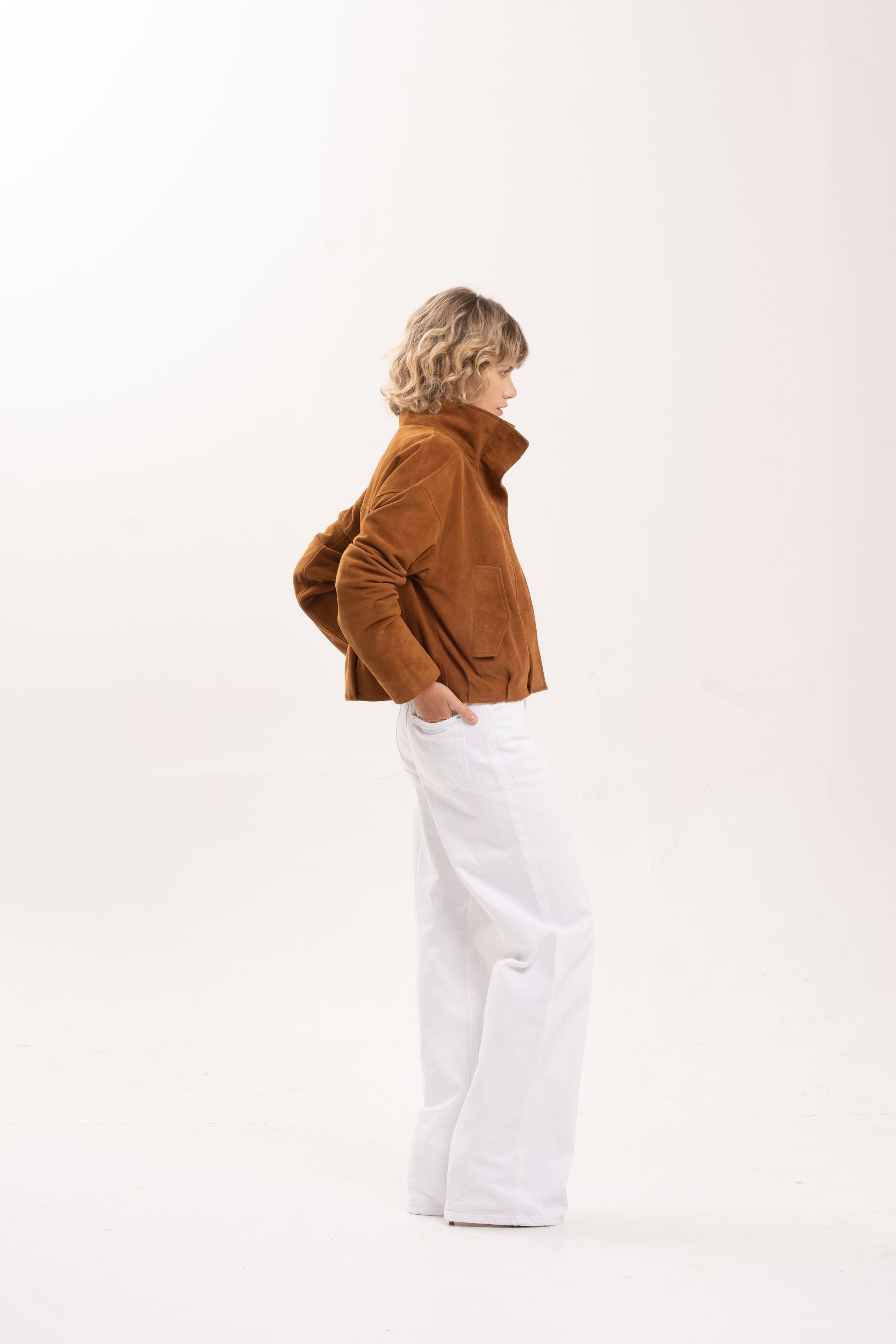 ARABELLA FUNNEL NECK SUEDE JACKET - TOBACCO