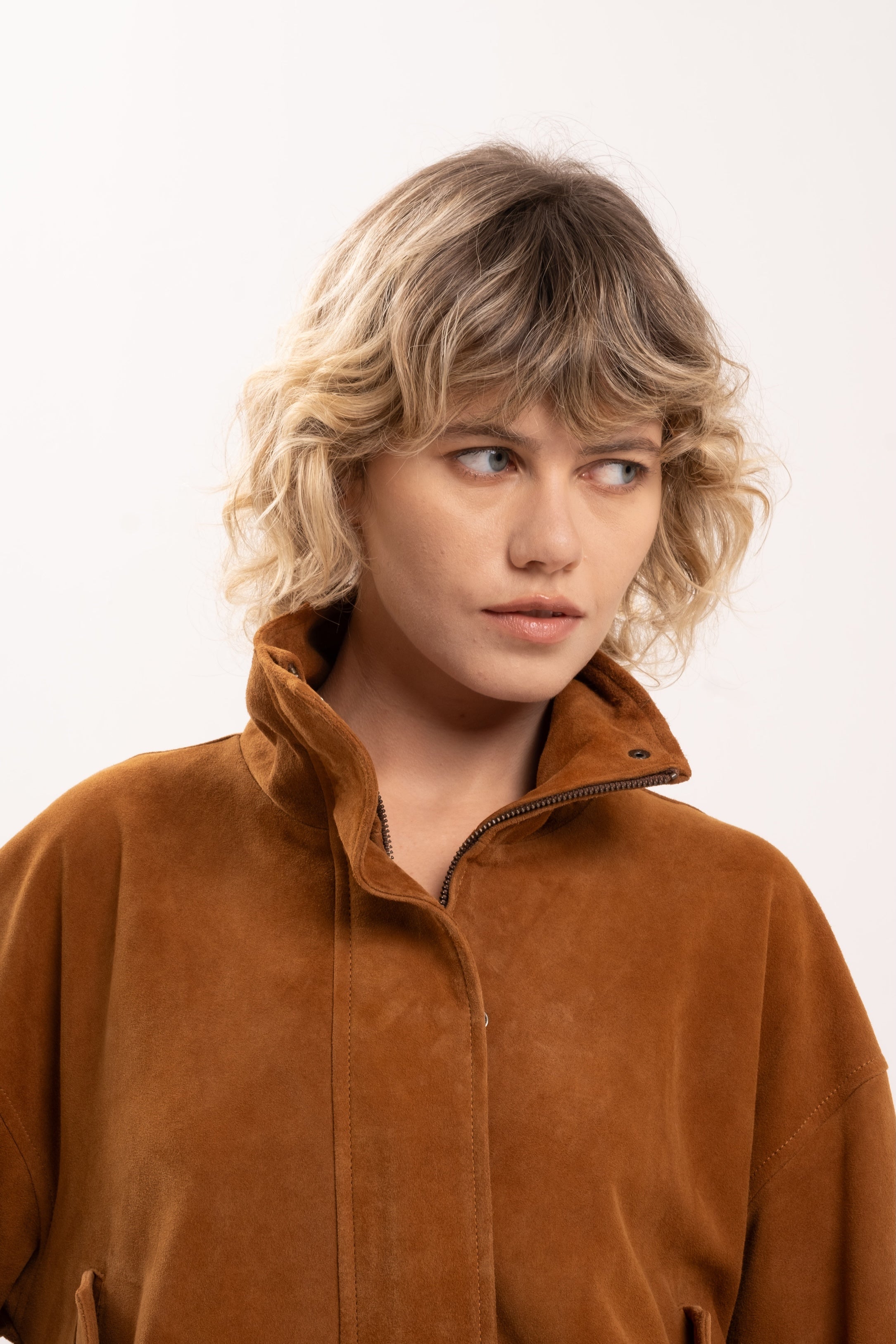 ARABELLA FUNNEL NECK SUEDE JACKET - TOBACCO