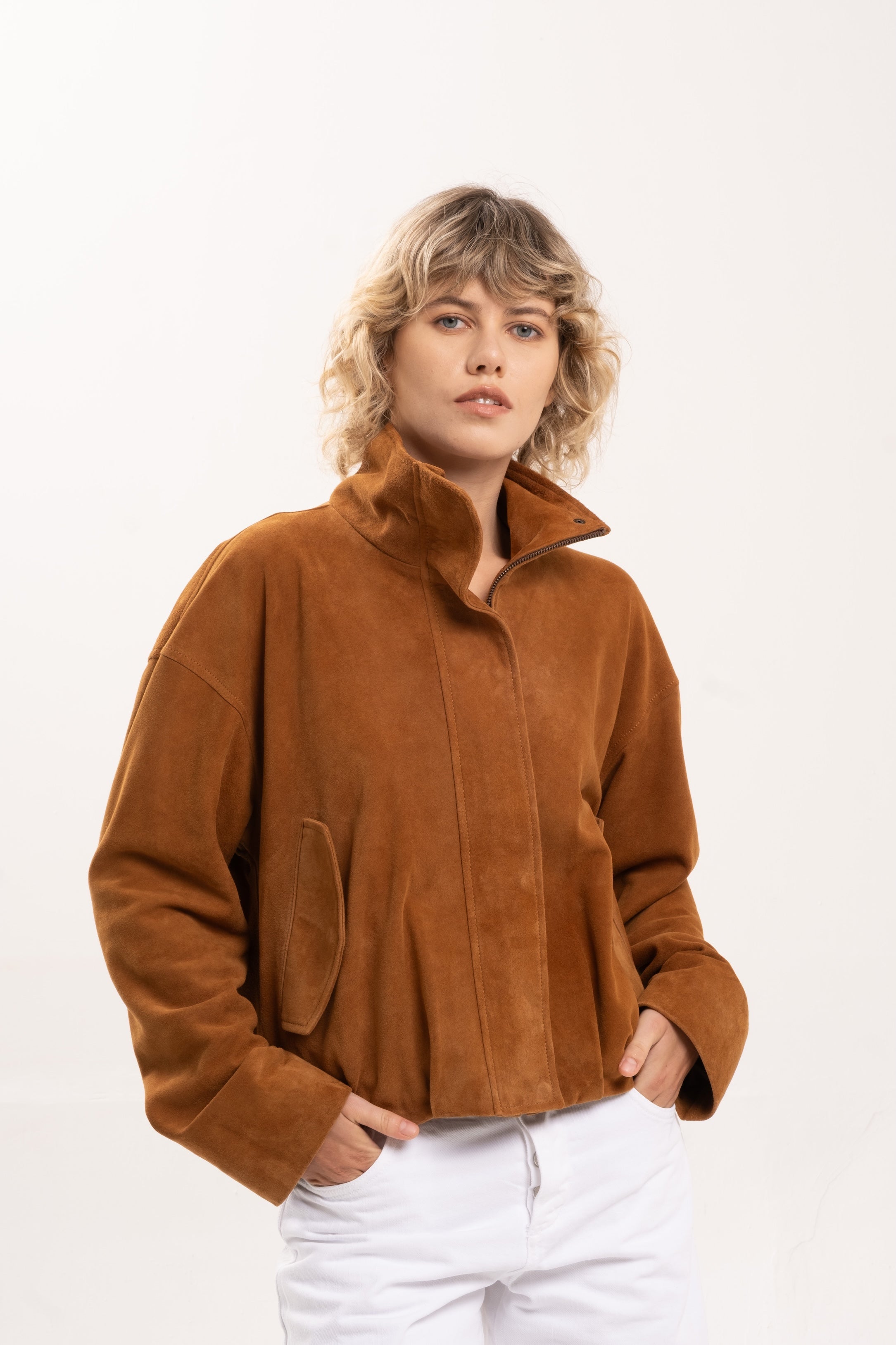 ARABELLA FUNNEL NECK SUEDE JACKET - TOBACCO