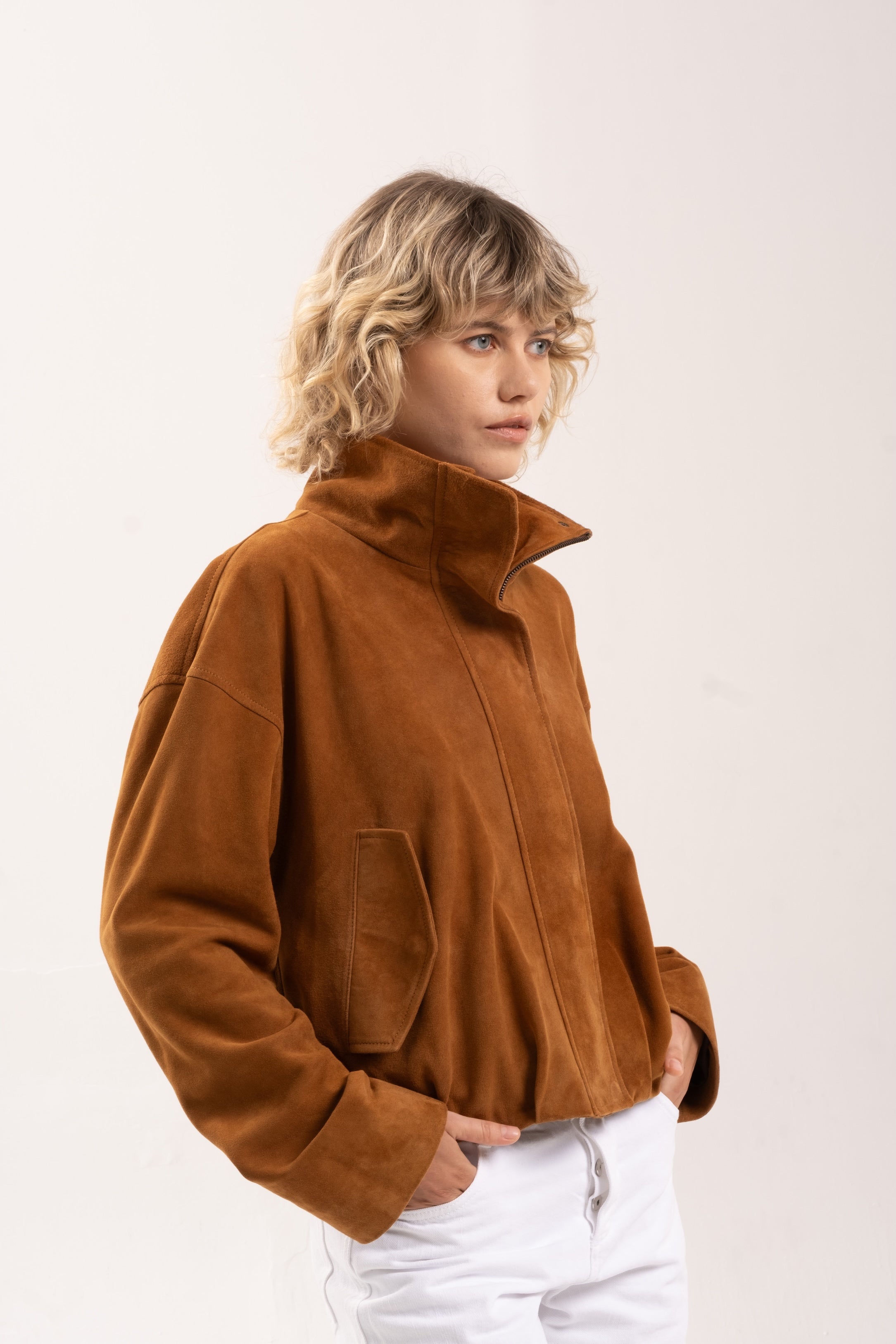 ARABELLA FUNNEL NECK SUEDE JACKET - TOBACCO