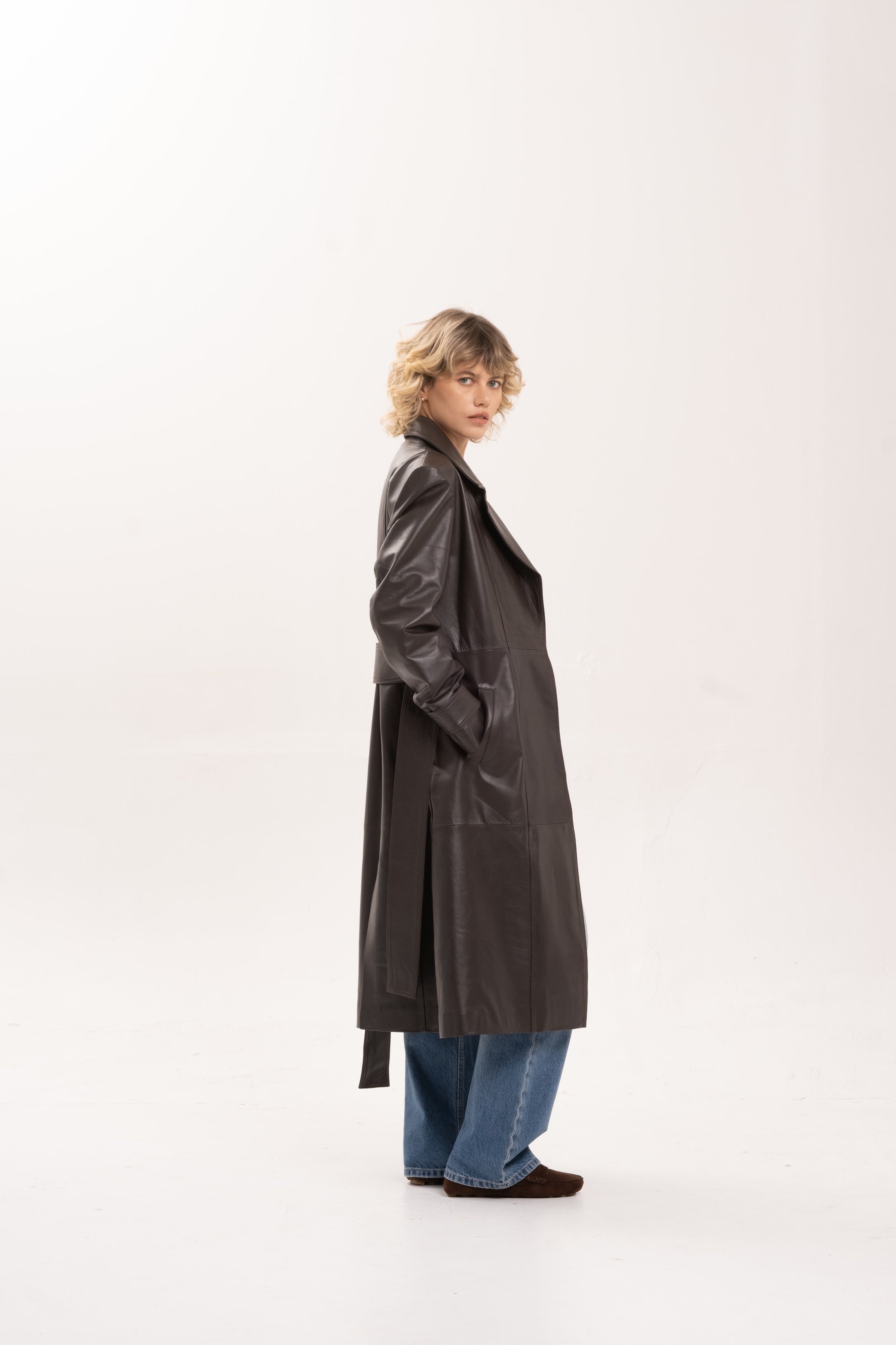 PORTIA LEATHER TRENCH COAT - CACAO