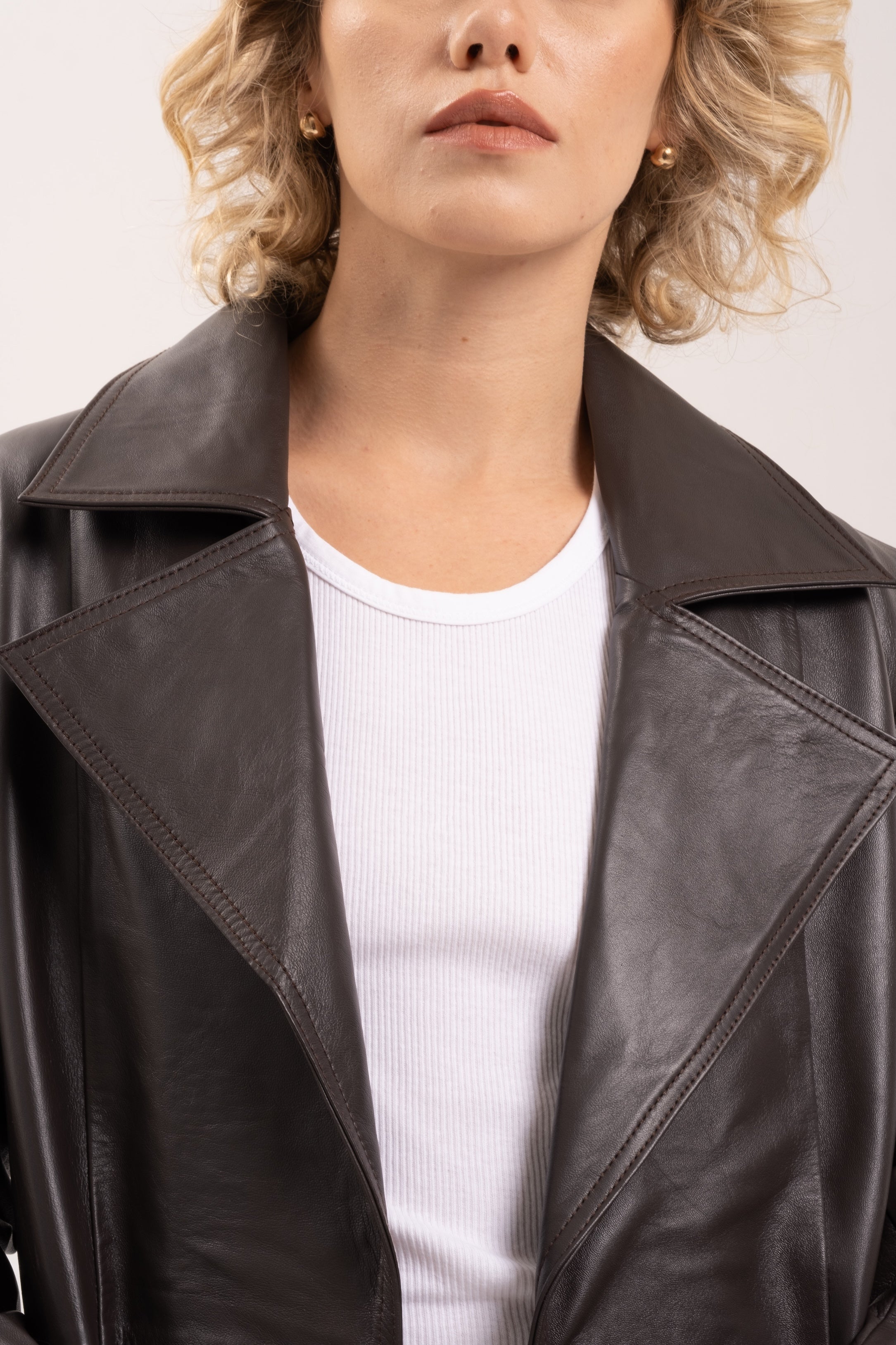 PORTIA LEATHER TRENCH COAT - CACAO