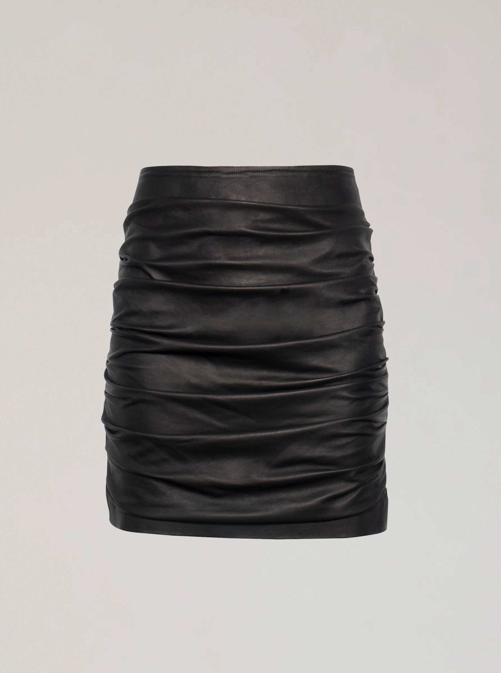 MADELINE ROUCHED LEATHER SKIRT - BLACK
