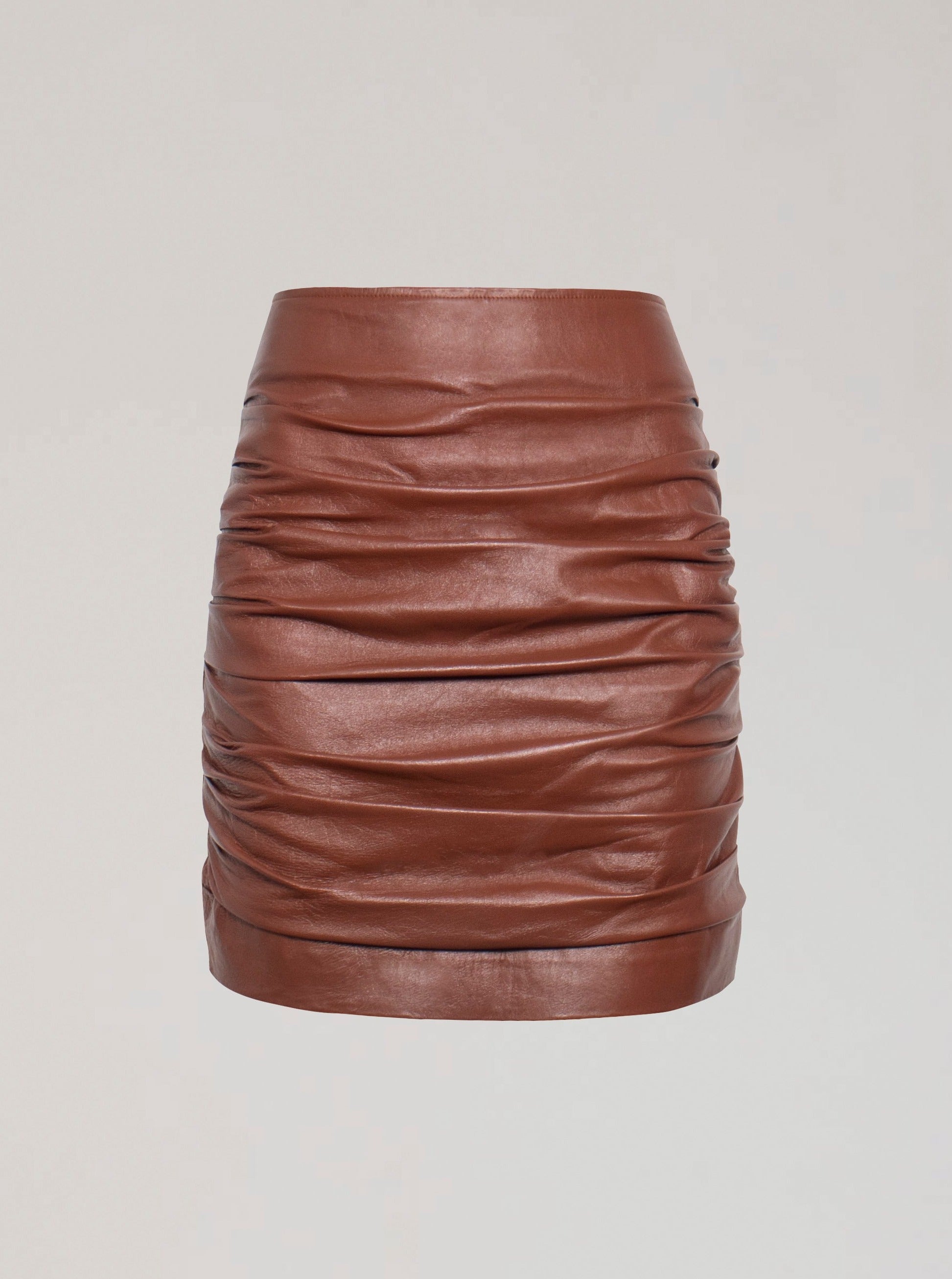 MADELINE ROUCHED LEATHER SKIRT - WHISKEY