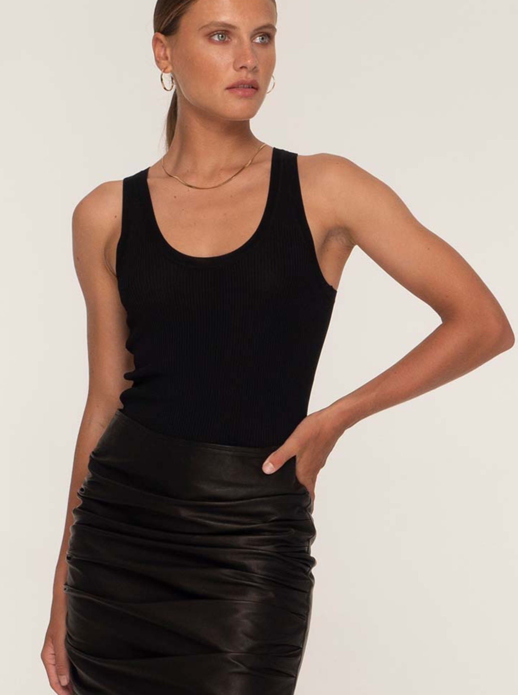 MADELINE ROUCHED LEATHER SKIRT - BLACK