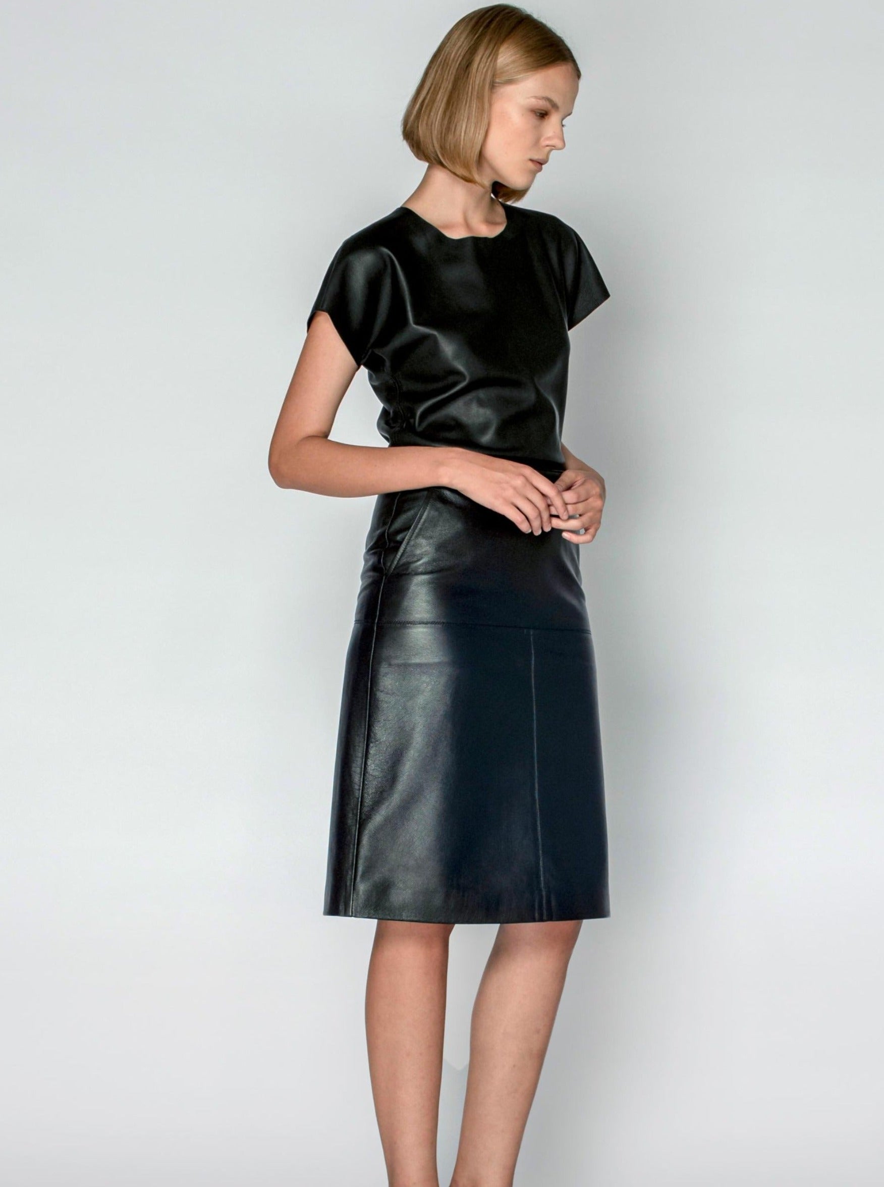 2NDSKIN Cleo Midi Leather Skirt in black