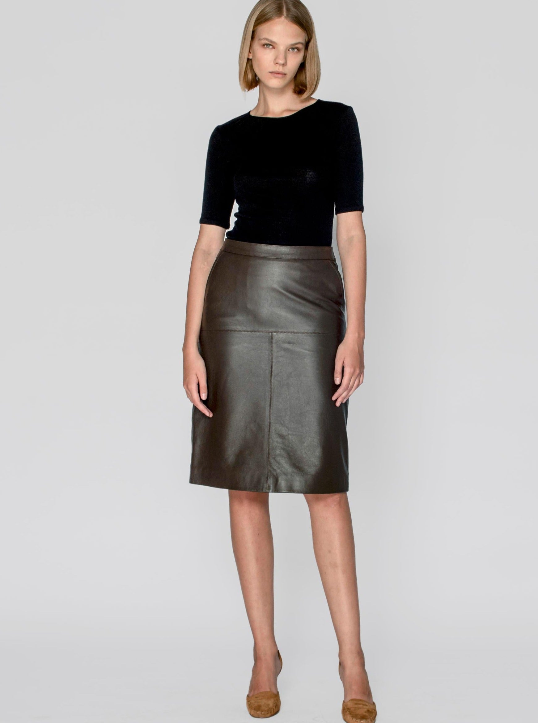 2NDSKIN The Label Cleo midi leather skirt in chocolate brown