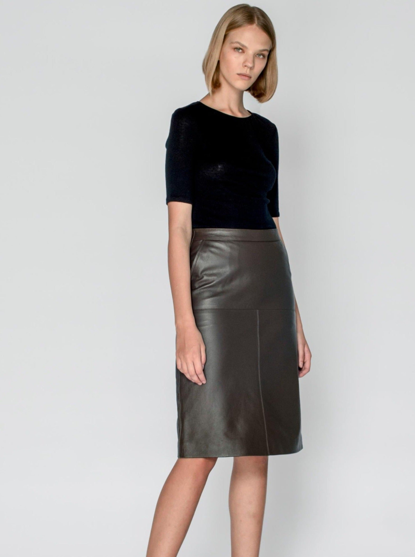  Cleo midi leather skirt in chocolate brown