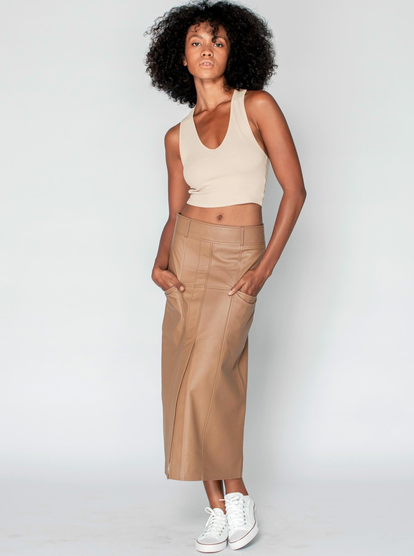 2NDSKIN The Label Bronte Mocha Leather Maxi Skirt with split and pockets