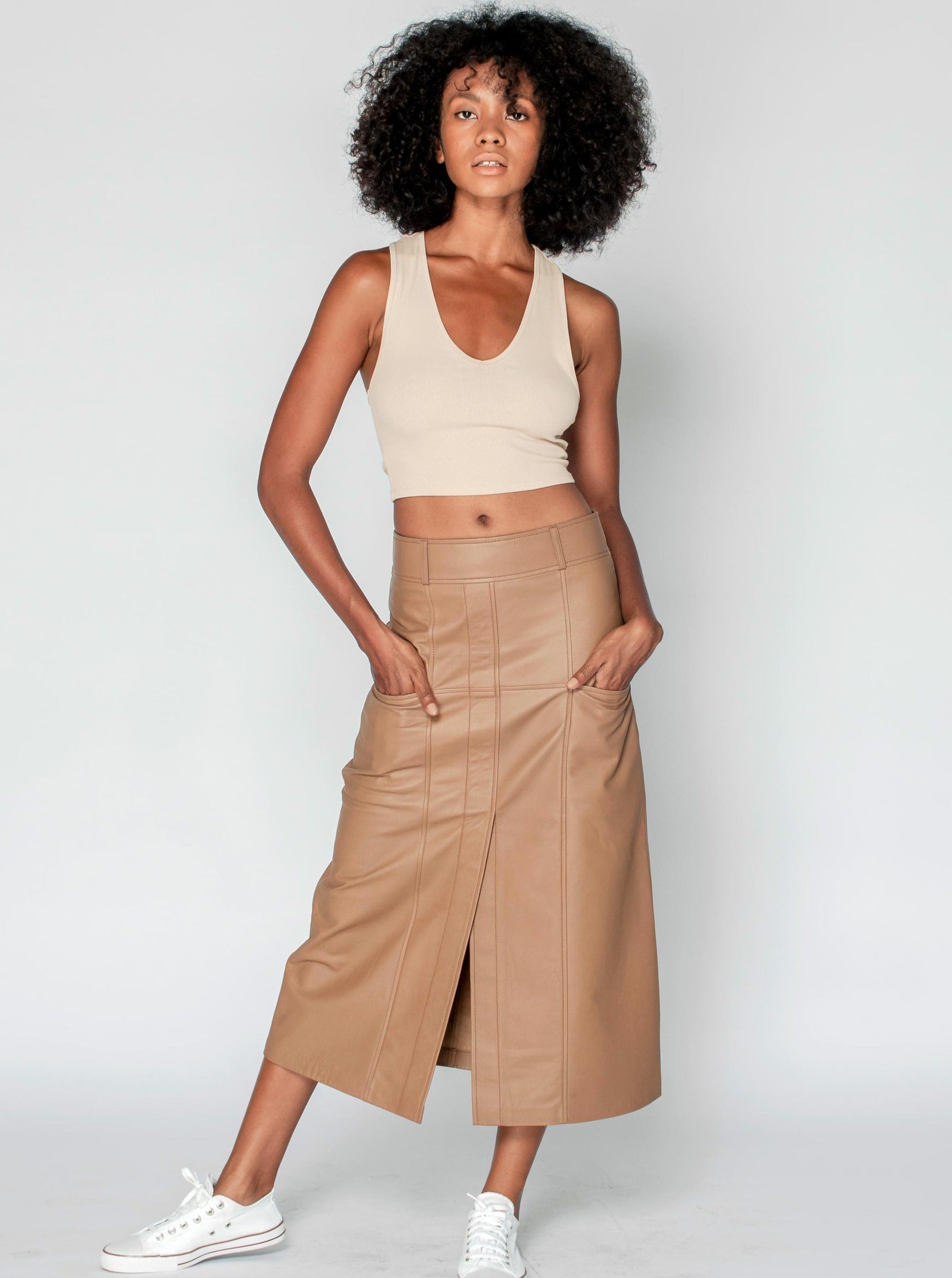 2NDSKIN The Label Bronte Mocha Leather Maxi Skirt with split 