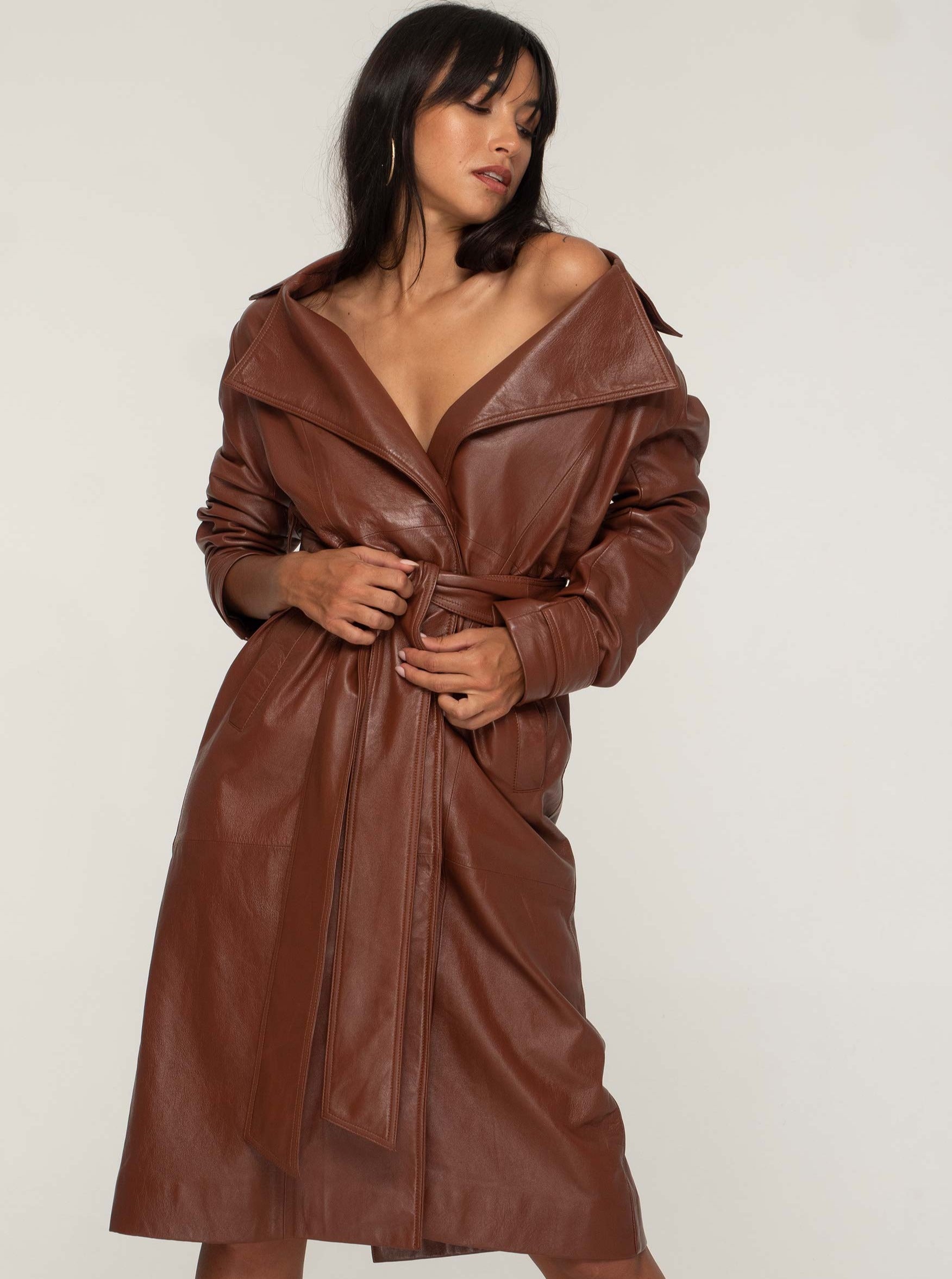 PORTIA LEATHER TRENCH COAT - WHISKEY