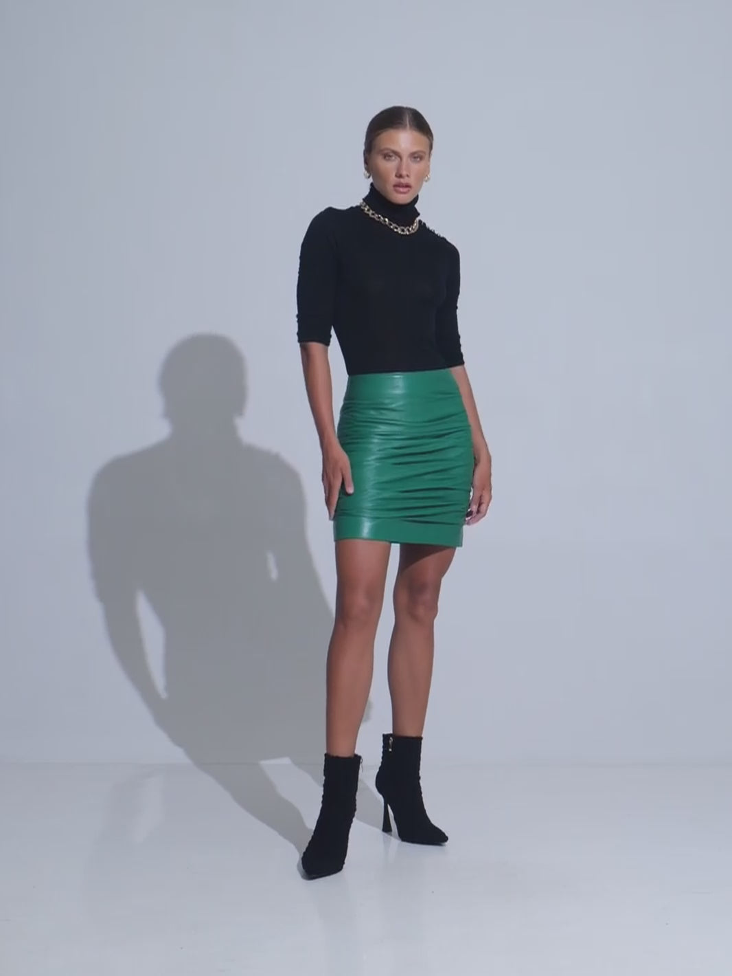 MADELINE ROUCHED LEATHER SKIRT - EMERALD