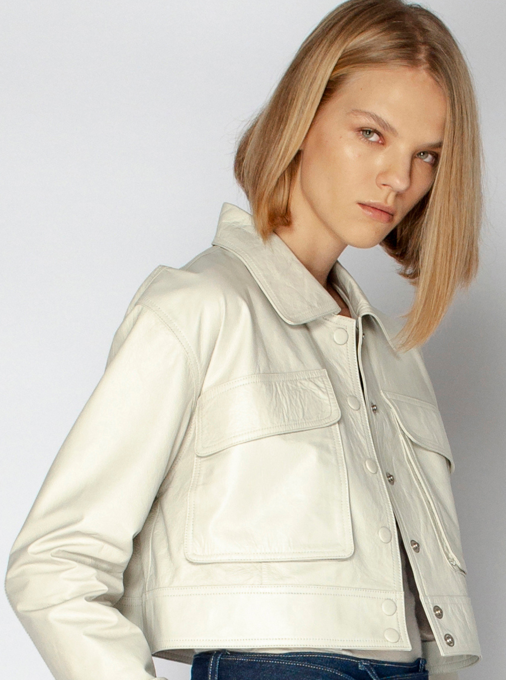LUNA CROPPED LEATHER JACKET - OYSTER WHITE